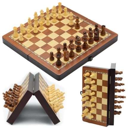 15" x 15" Magnetic Wooden Folding Chess Set with 2 Extra Queens, Handmade Game Board Interior for Storage for Adult Kids Beginner Large Chess Board