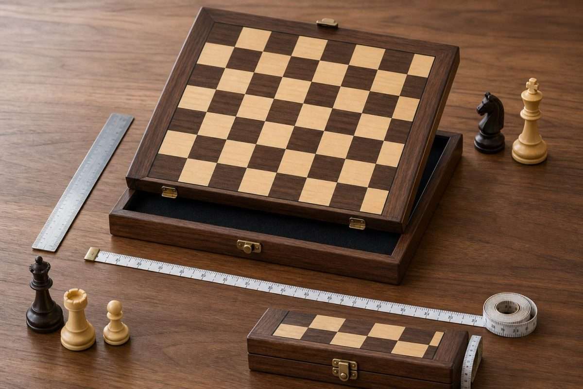 Folding wooden chess boards compared with rulers and measuring tape