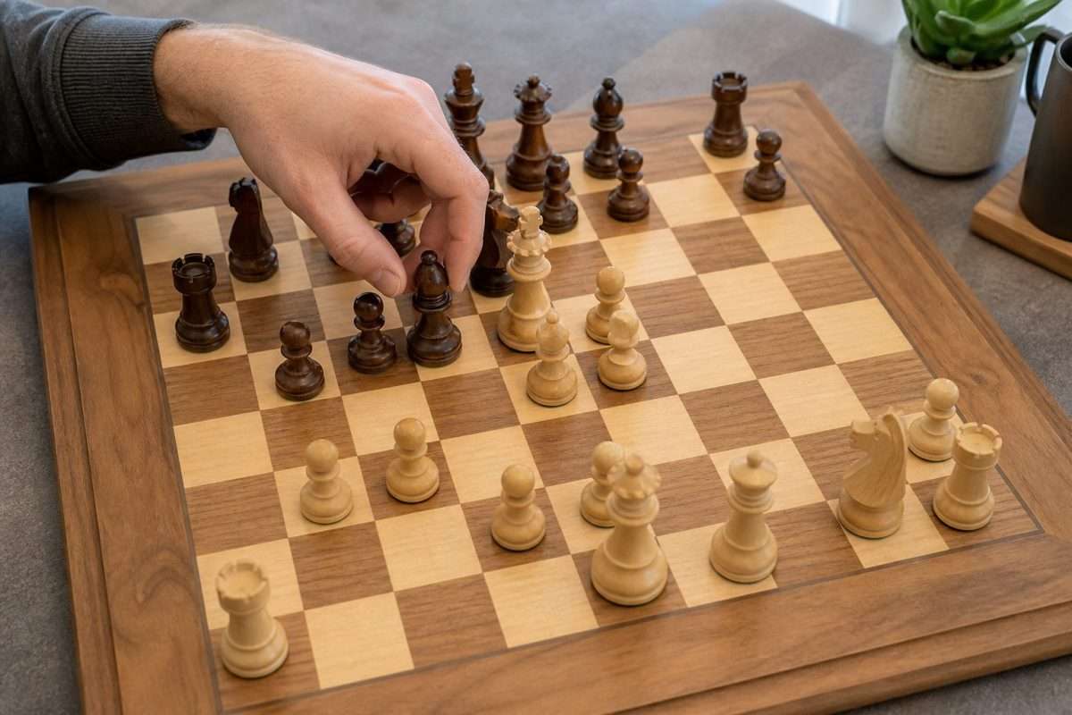 Hand lifting a bishop from a crowded position on a wooden chess board