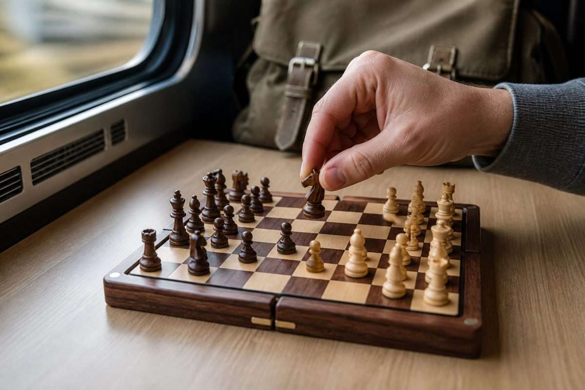 Compact magnetic travel chess set played on a train table